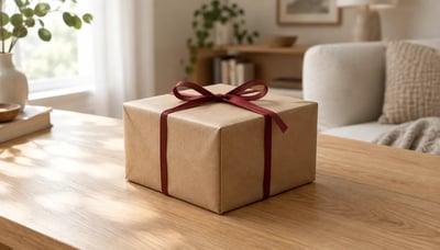 Fotogramma iniziale: una scatola regalo in carta kraft chiusa con un nastro rosso scuro su un tavolo in rovere chiaro