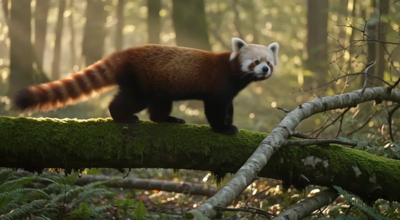 FLUX 3 Max texto a video: un panda rojo se detiene sobre un tronco caído bajo la luz del bosque