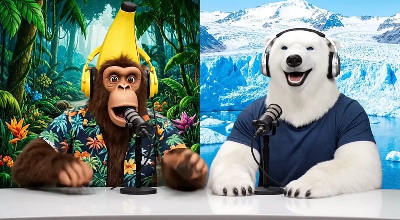 FLUX 3 Max con diálogo: un mono y un oso polar intercambian frases en la mesa de un programa de entrevistas