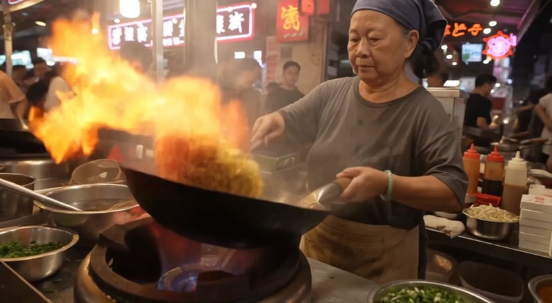 FLUX 3 Max: una cocinera mayor bajo letreros de neón rojo lanza una maraña de fideos desde un wok humeante y sonríe