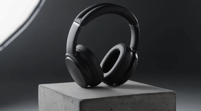FLUX 3 Max: cuffie over-ear nero opaco su un piedistallo di cemento mentre la luce dello studio passa dal grigio freddo all'ambra